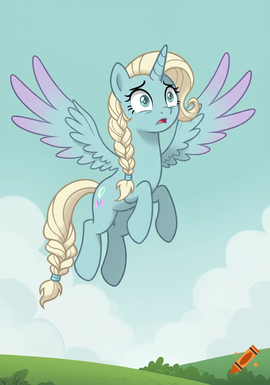 A light teal blue alicorn with a platinum blonde braided mane and light purple tipped wings flies awkwardly and nervously against a simple sky and green landscape.