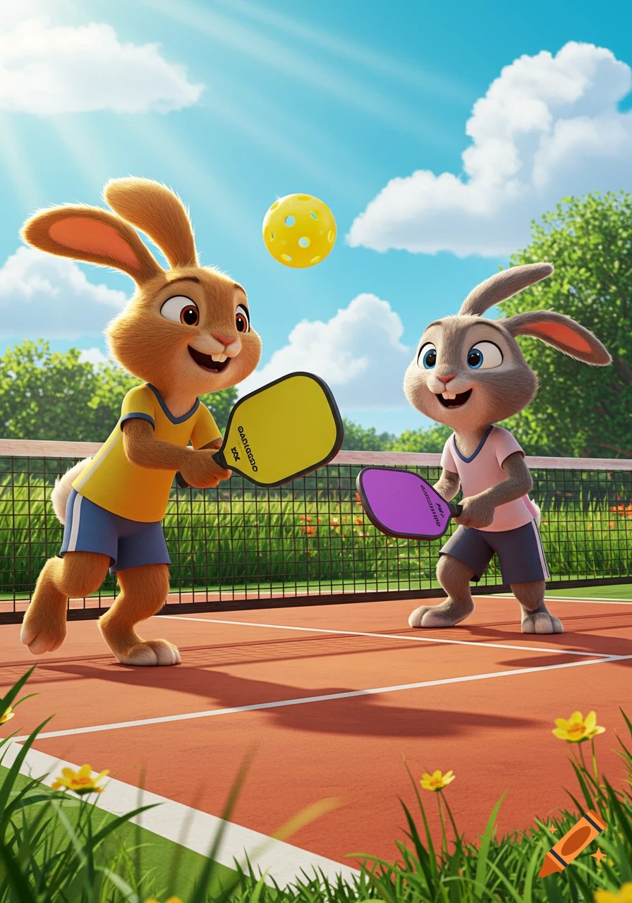 Two happy cartoon rabbits play pickleball on an outdoor court under a sunny sky.