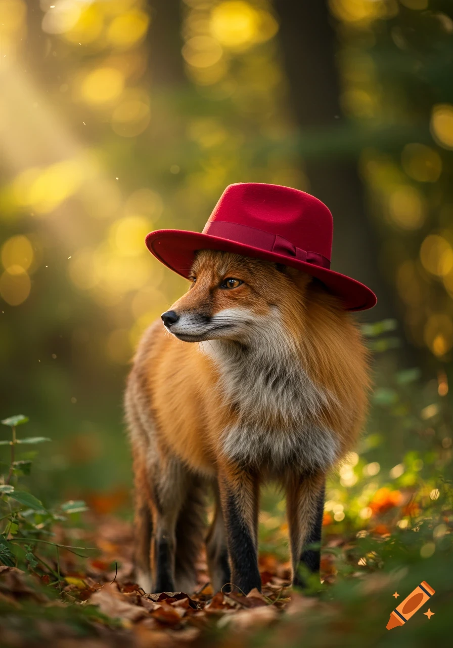 Photorealistic fox wearing a red hat, looking left in a sun-dappled autumn forest.
