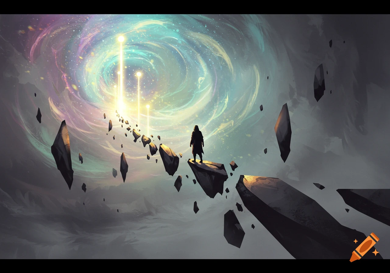 A robed figure stands on a path of floating rocks, gazing towards a vibrant, swirling cosmic vortex with glowing light pillars.