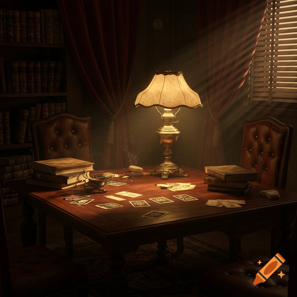 A dimly lit vintage study with a wooden table, leather chairs, a glowing lamp, stacked books, and scattered playing cards.