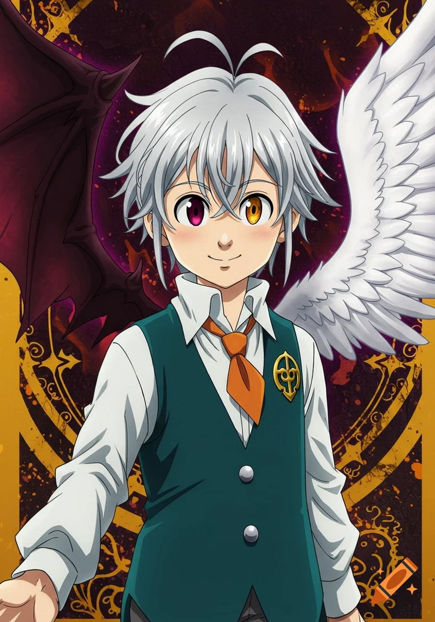 Anime portrait of Tristan from Seven Deadly Sins, a boy with silver hair, heterochromatic eyes, a dark bat wing, and a white angel wing, wearing a vest and tie.
