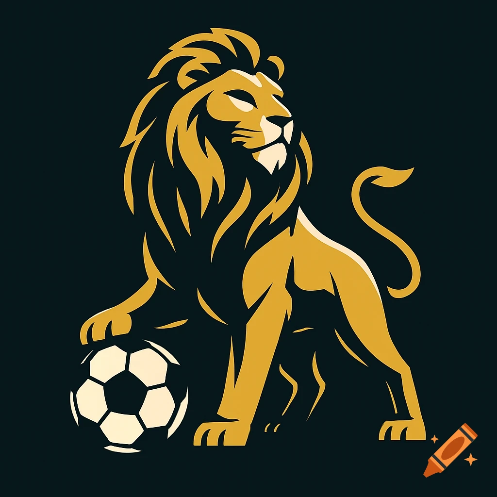 Stylized golden lion logo with paw on a soccer ball against a dark background.