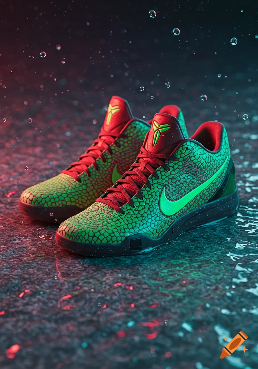 A pair of green and red Nike Kobe Grinch sneakers with a scaled texture, on a wet surface with water droplets, under colorful lighting.