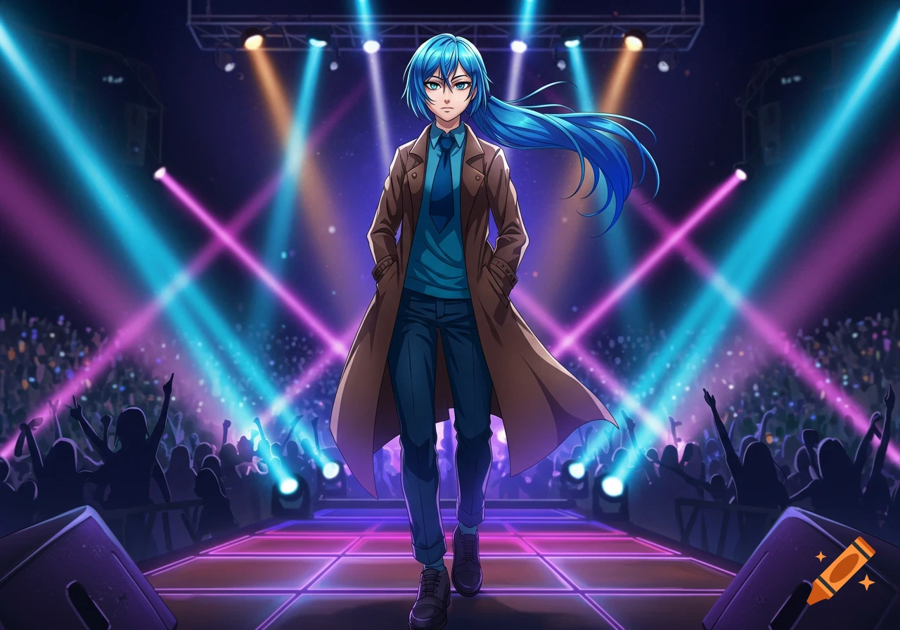 Anime character with long blue hair and a brown coat walks on a brightly lit pop concert stage in front of a silhouetted crowd.