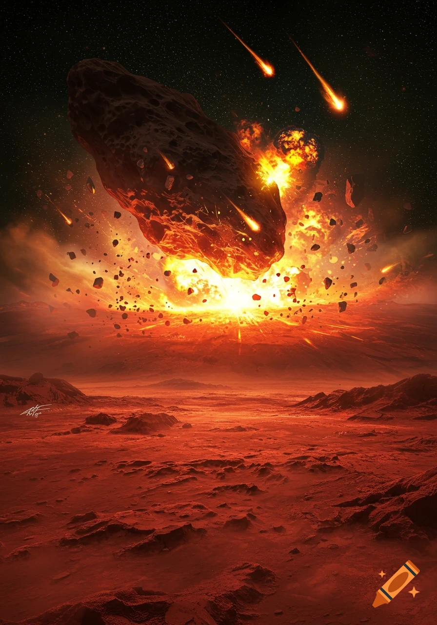 A massive meteorite plunges into a red, barren planet, triggering a colossal fiery explosion and sending debris flying.