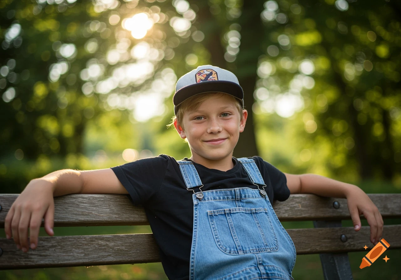 Smiling boy in denim overalls and a cap sitting on a park bench in a sunlit park, photorealistic.