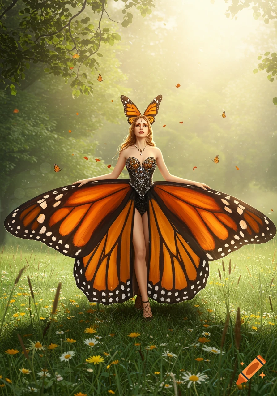 A woman with butterfly wings as a dress and headpiece stands in a sunny, wildflower-filled meadow.