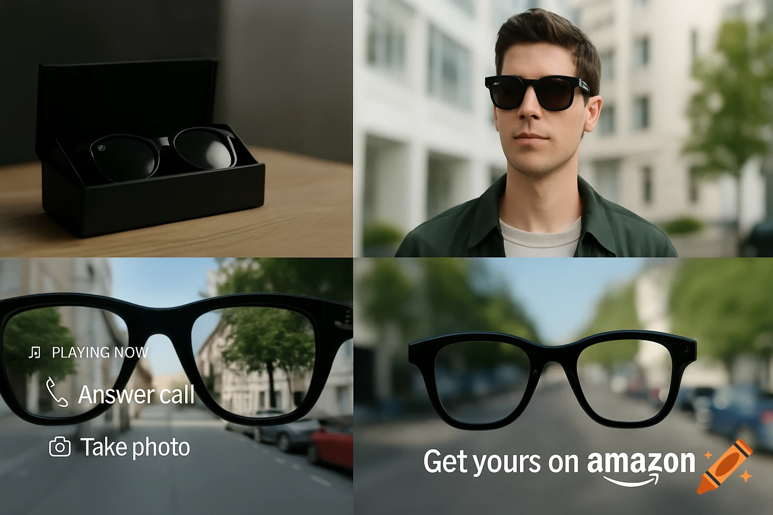 A four-panel collage featuring black smart glasses, a man wearing them, a POV display, and an Amazon call to action.