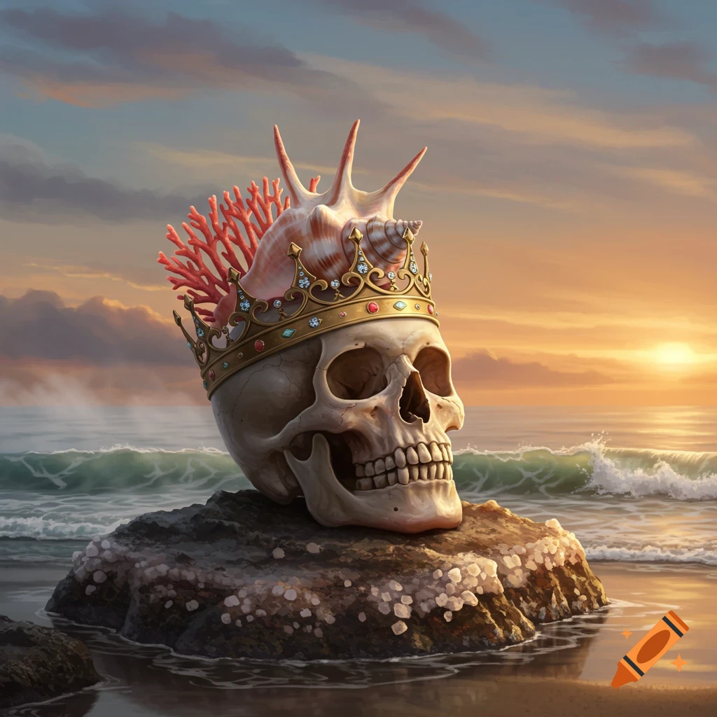 A skull wearing a golden crown adorned with jewels and a conch shell with red coral, sitting on a rock at a beach during sunset.