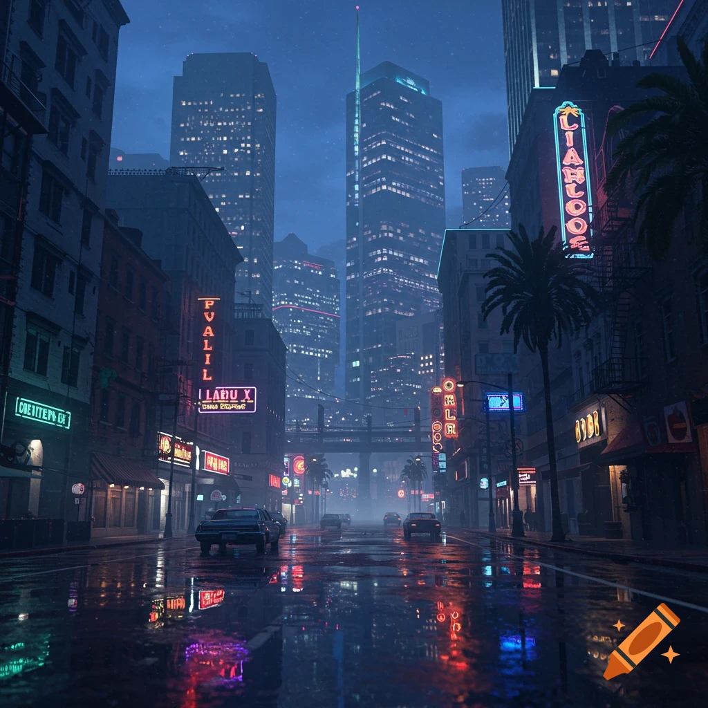 A rainy night in a futuristic city with towering skyscrapers and numerous brightly colored neon signs reflecting on the wet street, cars driving on the road, with palm trees visible on the right.