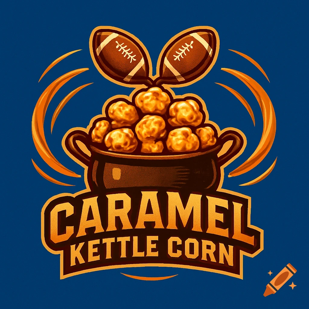 A logo for Caramel Kettle Corn featuring a pot overflowing with caramel popcorn, topped with two footballs, against a dark blue background.