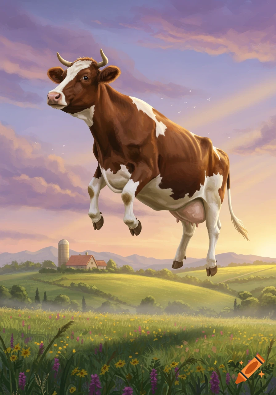 A brown and white cow floats gracefully in a vibrant sunset sky over a green, wildflower-filled farm landscape with a distant farm house and silo.