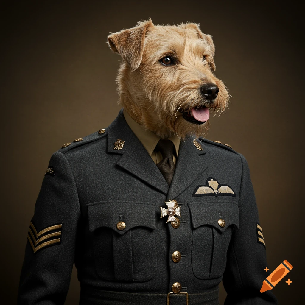 Photorealistic portrait of a wheaten terrier dog wearing a World War II RAF military uniform with medals.