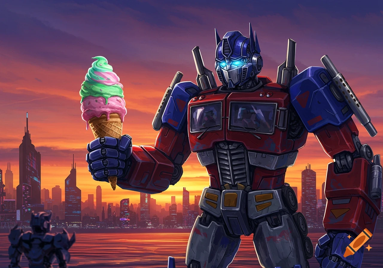 Optimus Prime robot holds a large, colorful ice cream cone against a vibrant sunset city skyline, with a smaller robot in the foreground.