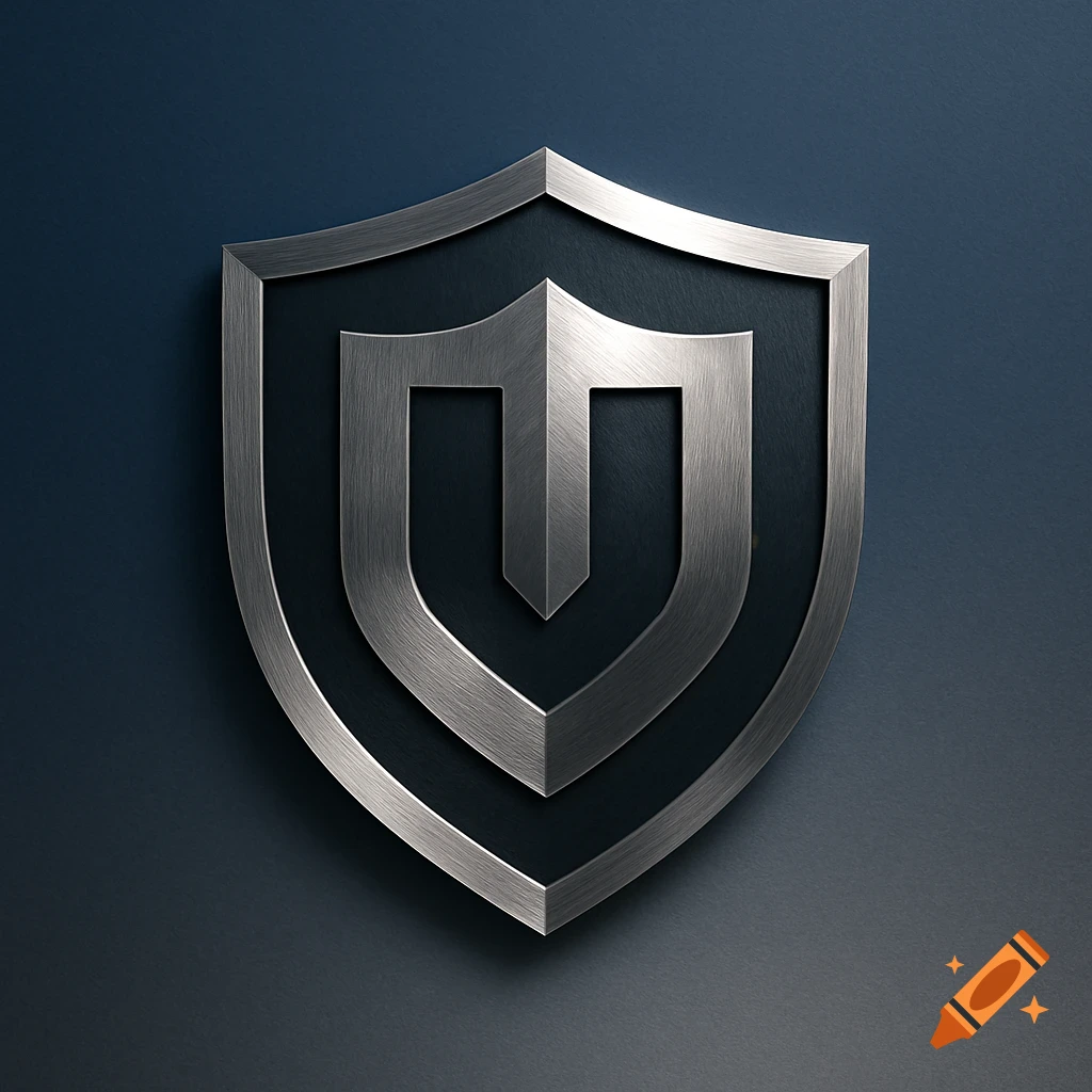 A 3D brushed metal shield logo with an interlocking design, set on a dark blue background.