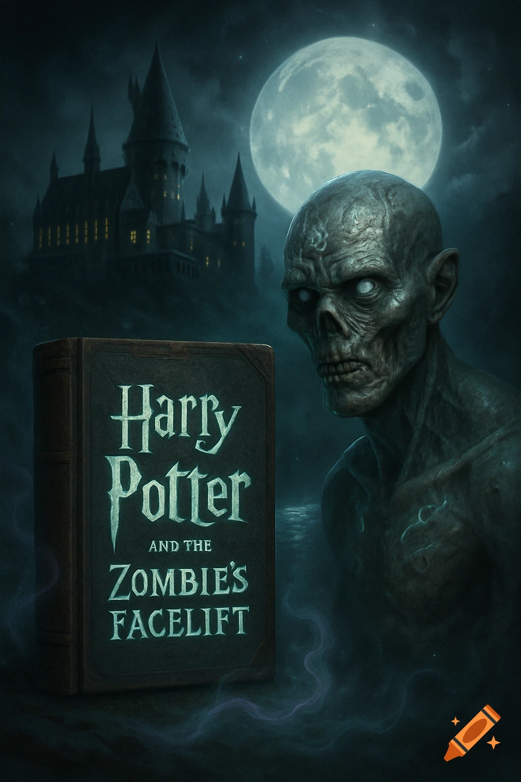 A dark fantasy book cover showing a zombie in front of a castle under a full moon, titled 'Harry Potter and the Zombie's Facelift'.