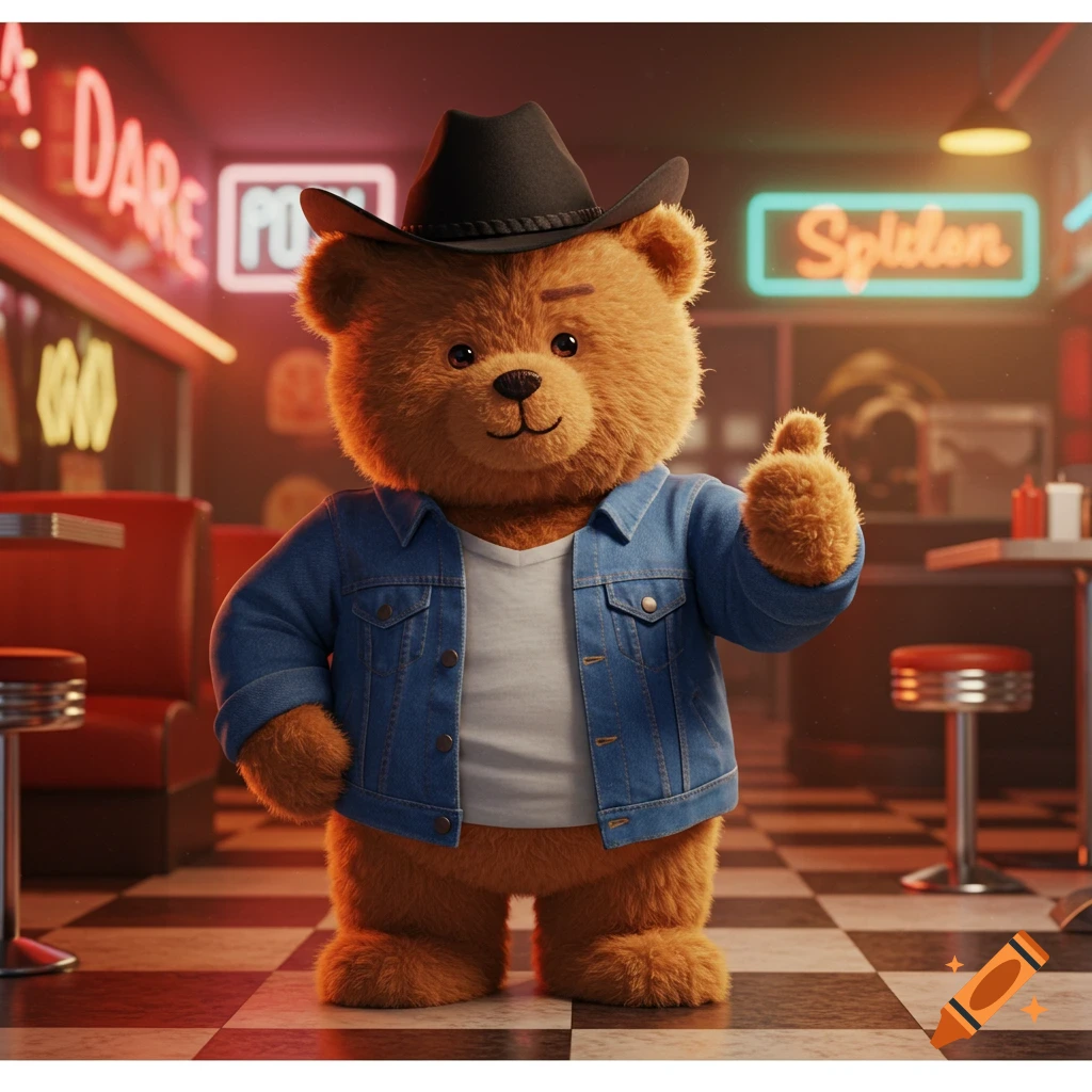 A fluffy teddy bear wearing a black cowboy hat and blue denim jacket gives a thumbs-up in a retro diner.