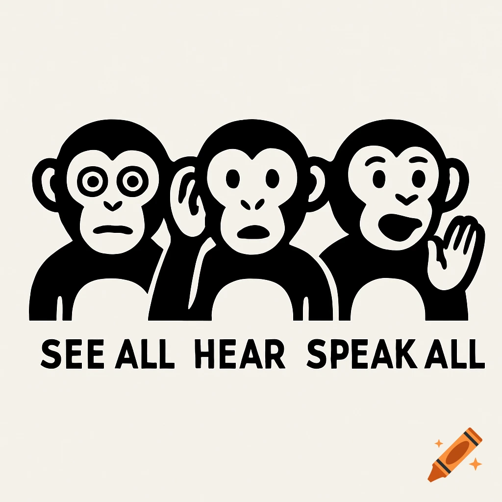 Black and white logo of three monkeys: one covering eyes, one cupping an ear, one speaking. Text reads "SEE ALL HEAR SPEAK ALL".