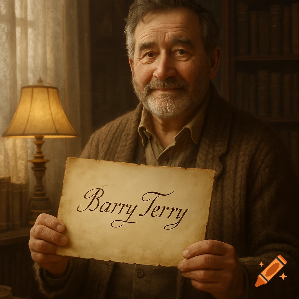 A smiling elderly man with a beard holds a vintage-style paper reading 'Barry Terry' in a dimly lit, cozy room with bookshelves, photorealistic.