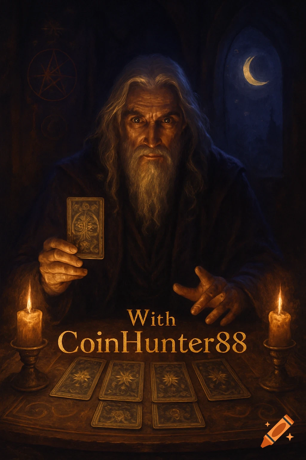 A bearded male seer holds a tarot card, surrounded by more cards and lit candles on a dark table, in a mystical illustration.