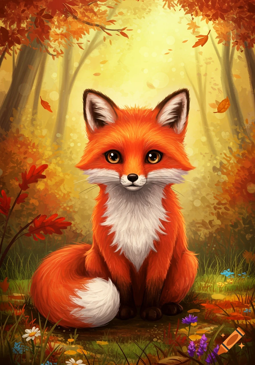 A cute cartoon fox with orange and white fur sits in a vibrant autumn forest with colorful red and orange leaves.