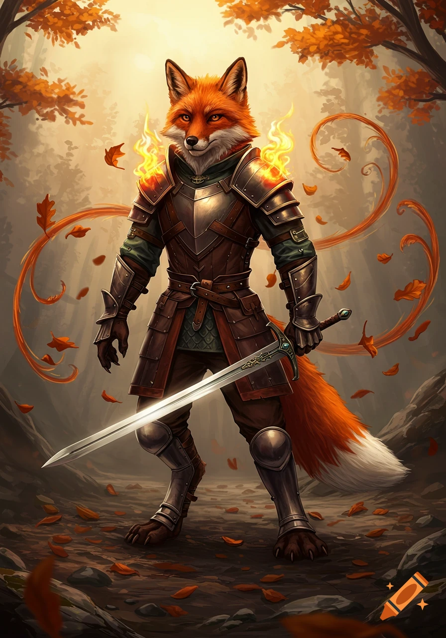 An anthropomorphic fox warrior in detailed leather and metal armor, with fiery shoulders, stands in an autumn forest holding a large sword.