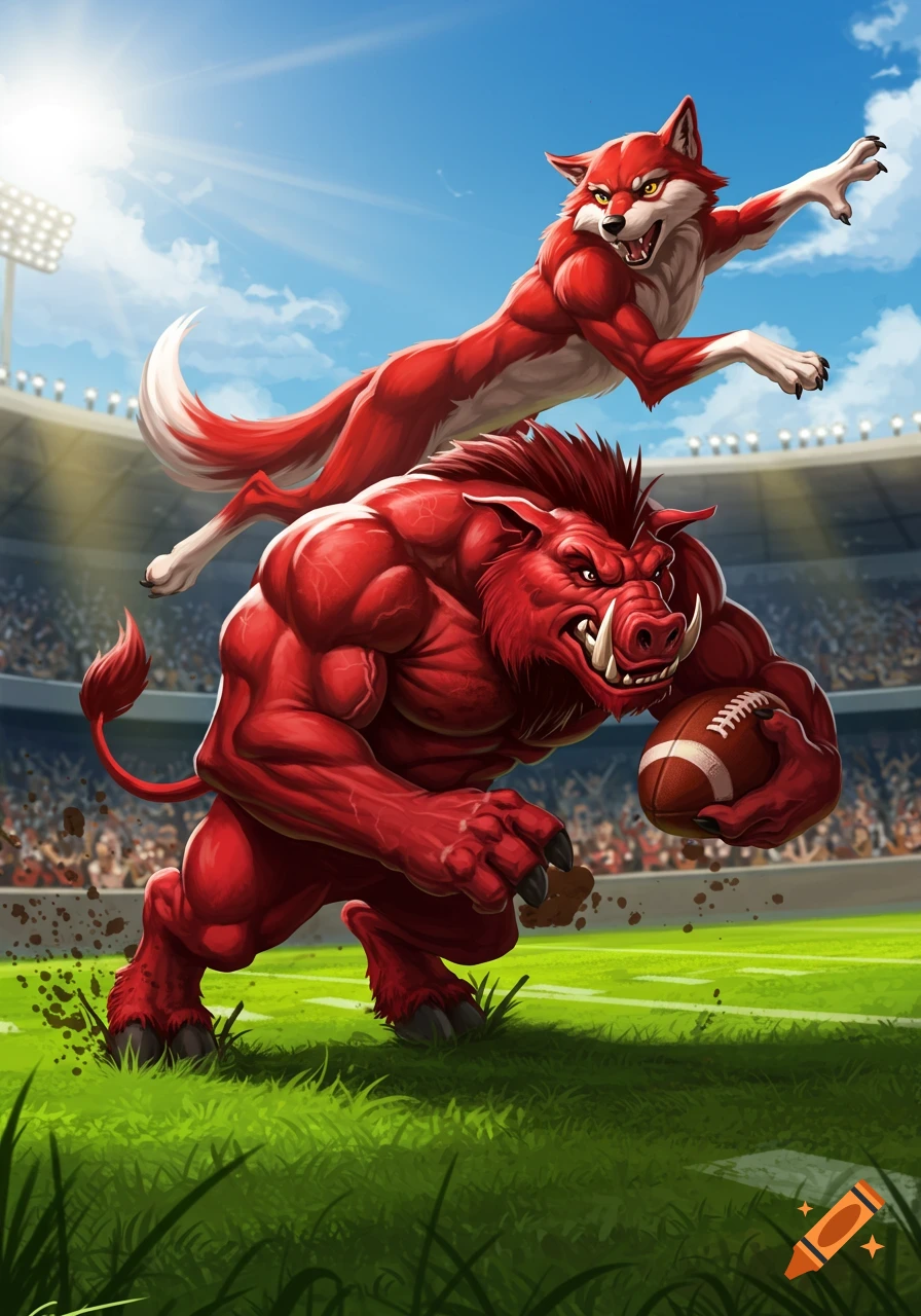 A stylized red muscular razorback runs with a football as a red wolf leaps above it on a football field in a stadium.