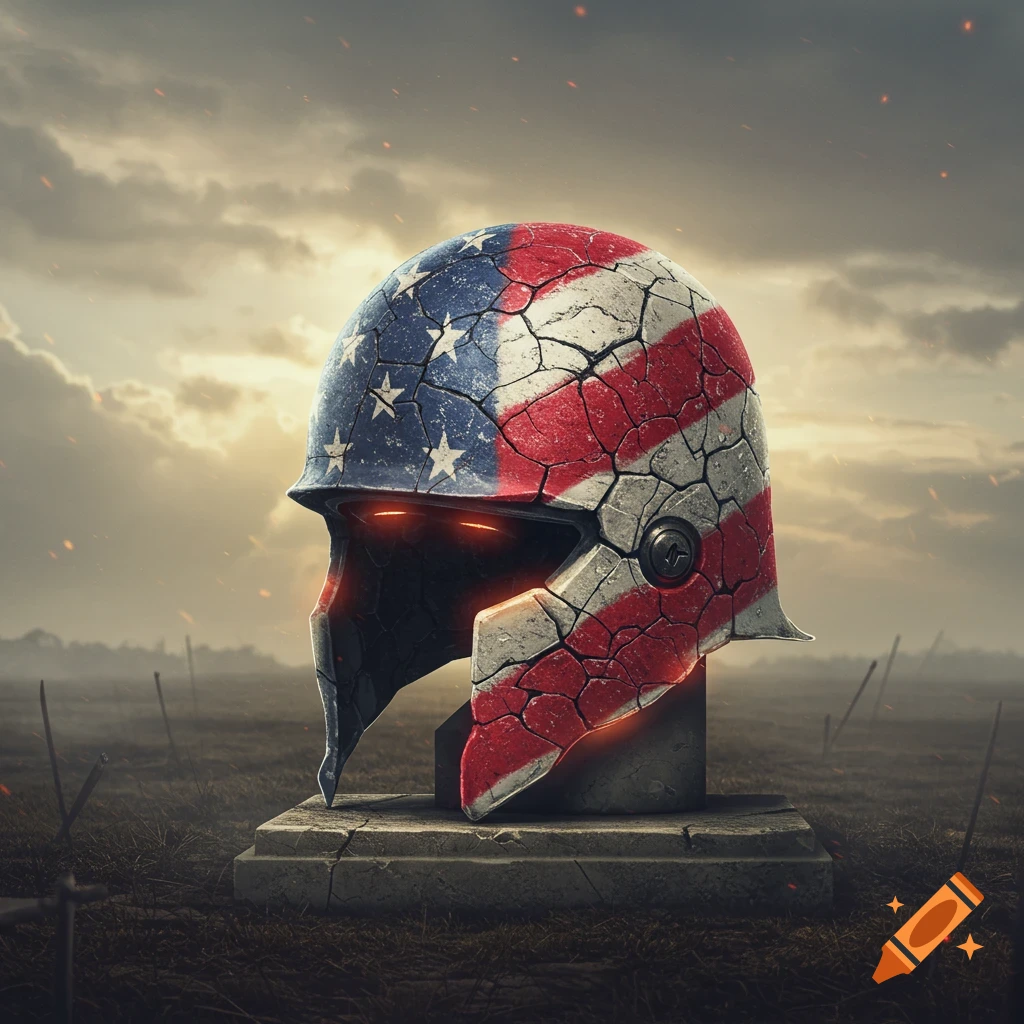 Cracked American flag military helmet with glowing red eyes, on a stone base in a desolate field under a cloudy sky.