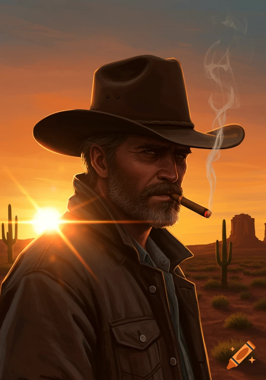 Sun-flared portrait of a rugged cowboy in a hat smoking a cigar, set against a desert sunset with saguaro cacti.