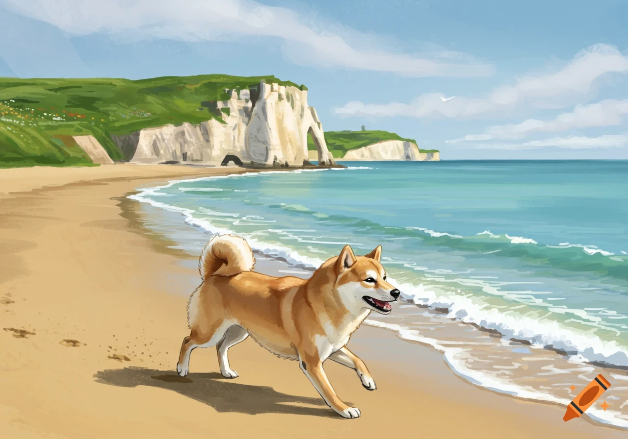 A Shiba Inu runs happily along a sandy beach with white cliffs and blue ocean waves under a clear sky, in a digital painting style.