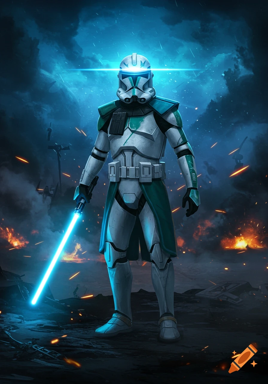 An ARC Clone Trooper with teal markings and a blue lightsaber stands on a battlefield with explosions in the background, set against a dark blue sky.