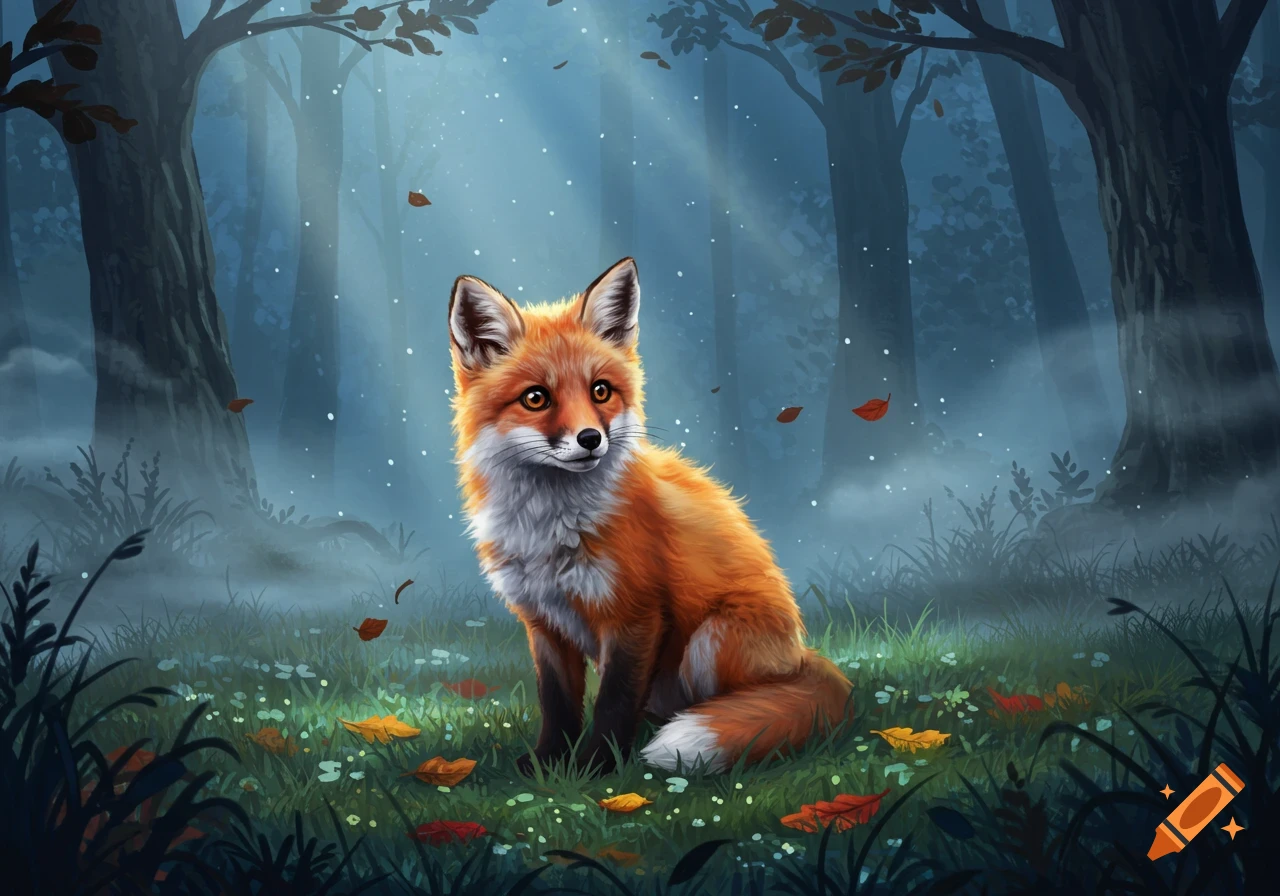 A cute fox pup with orange and white fur sits in a mystical, misty forest clearing with colorful leaves and trees.