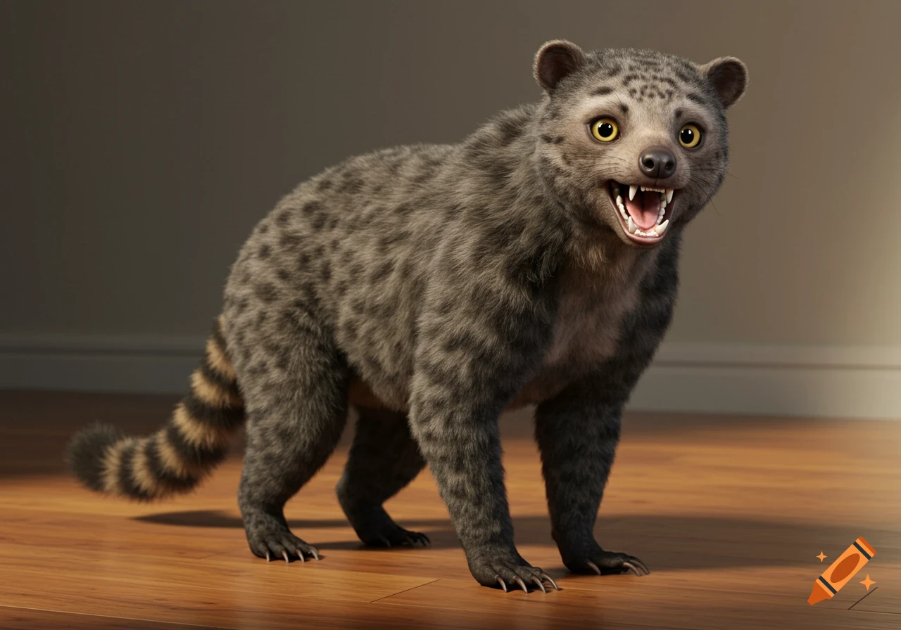 Realistic grey, spotted hybrid animal with large yellow eyes, sharp teeth, and a striped tail stands on a wooden floor.