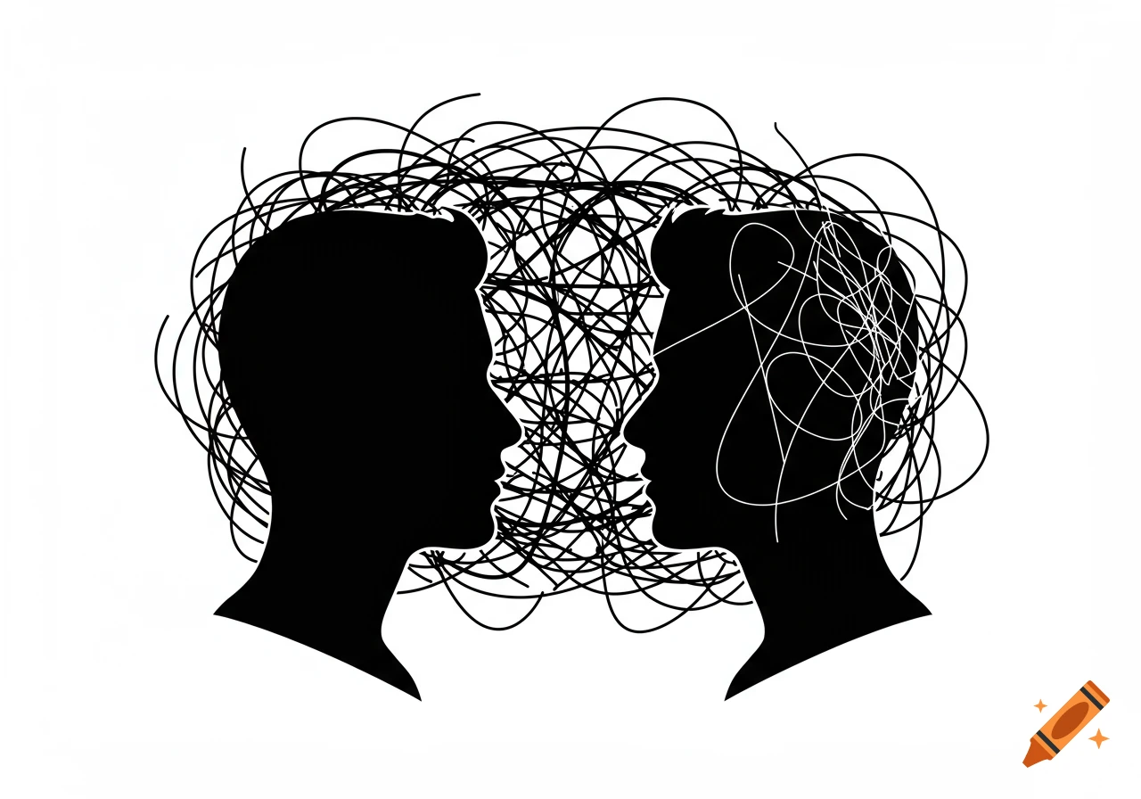 Abstract line drawing of two black head silhouettes facing each other, with chaotic scribbles between them.