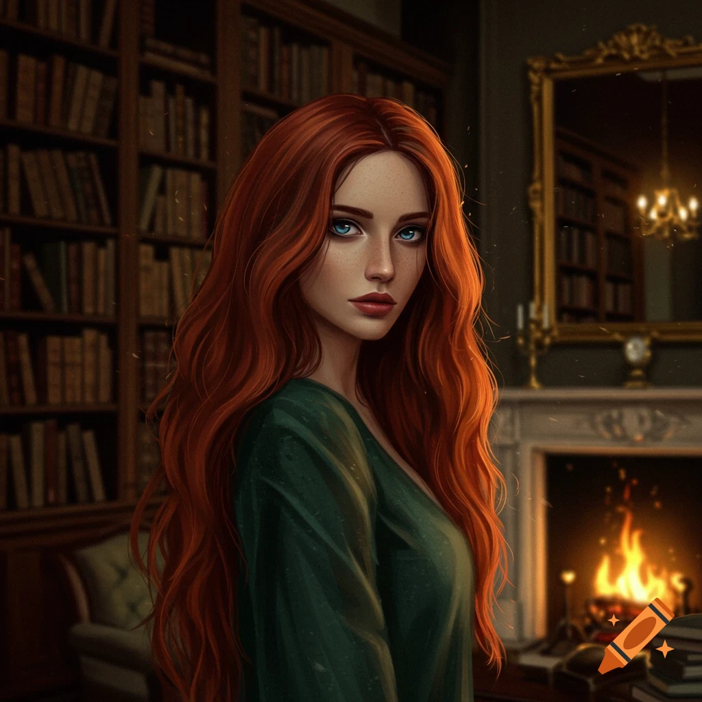 Digital art portrait of a beautiful woman with long red hair and blue eyes, standing in a cozy library with a lit fireplace.