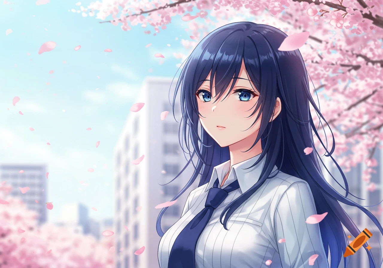 Anime girl with dark blue hair in a white shirt and tie under falling pink cherry blossoms with blurred city buildings.