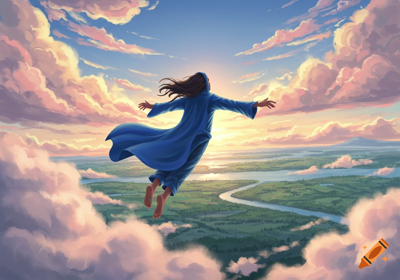 Person in a blue robe with outstretched arms flying through colorful clouds over a green river landscape at sunset.