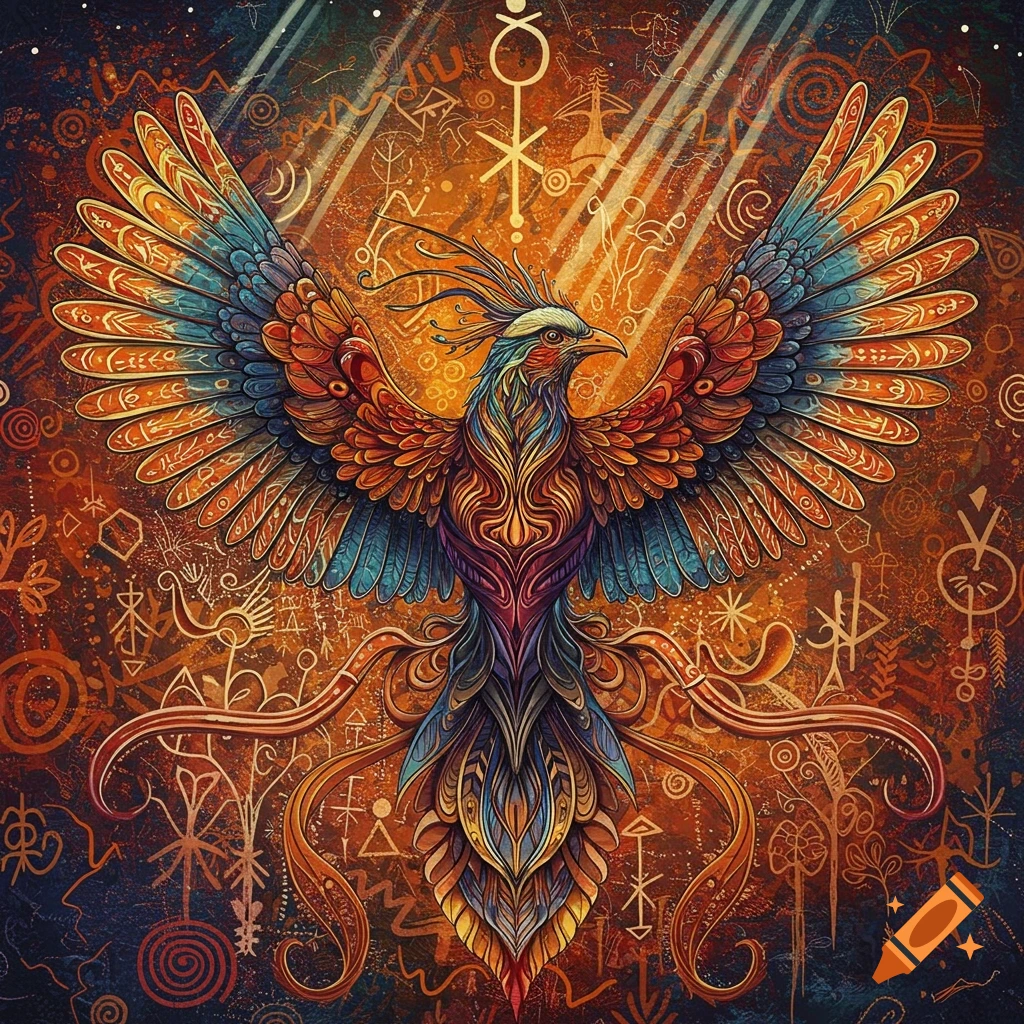 Vibrant abstract illustration of an exotic bird with spread wings, featuring intricate patterns and a background of tribal glyphs.