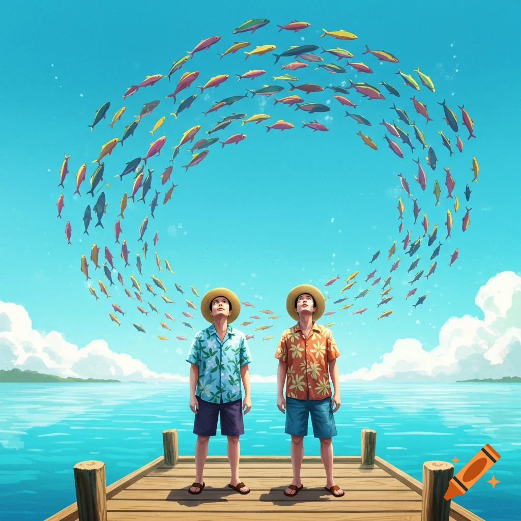 Two men on a wooden dock look up at a swirling school of colorful fish flying in the bright blue sky above a turquoise ocean.