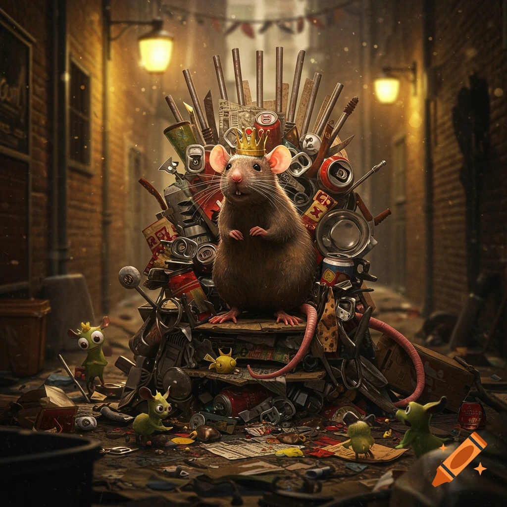 A photorealistic rat wearing a crown sits on a throne of garbage in a dark alley, with small green creatures nearby.