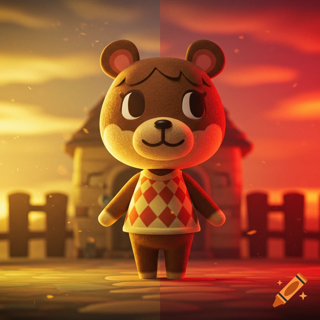A cute Animal Crossing style brown bear character in an argyle sweater, with a yellow and red aura split, standing in front of a house.