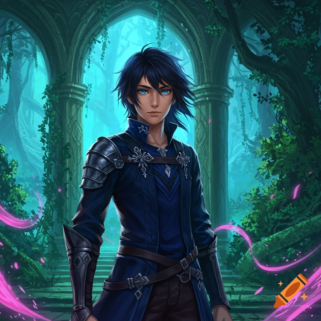 Anime-style young man with dark blue hair and bright blue eyes, wearing a dark blue coat and armor, stands in an enchanted forest with ruins and pink magic.