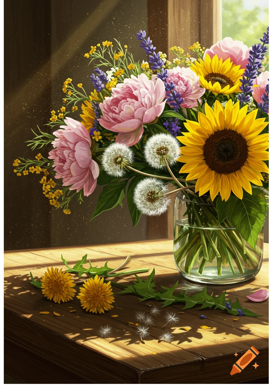 A colorful bouquet of sunflowers, pink peonies, lavender, and dandelions in a glass vase on a sunlit wooden table.