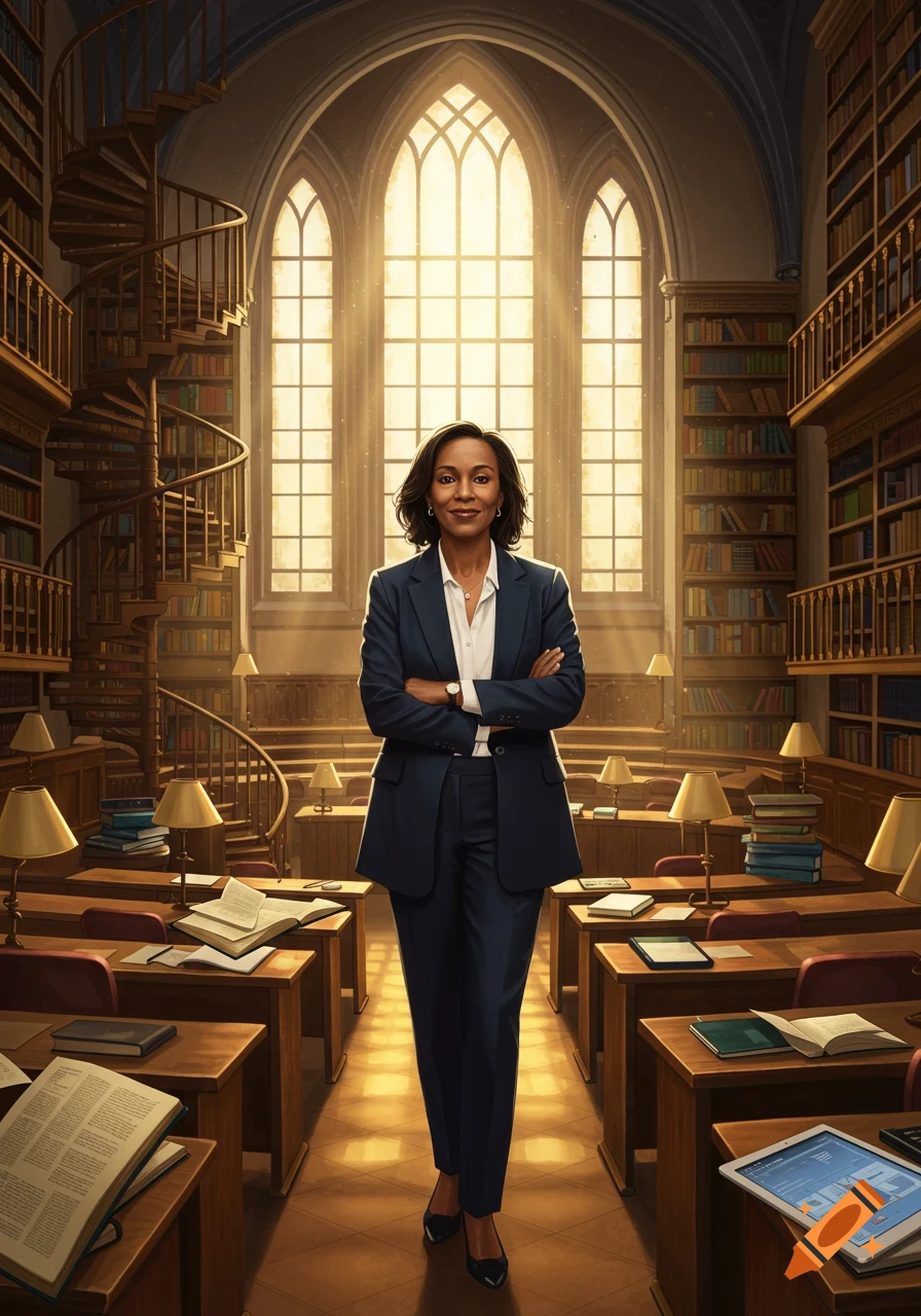 A smiling woman in a dark blue suit stands with crossed arms in a grand, sunlit library with a spiral staircase and desks.