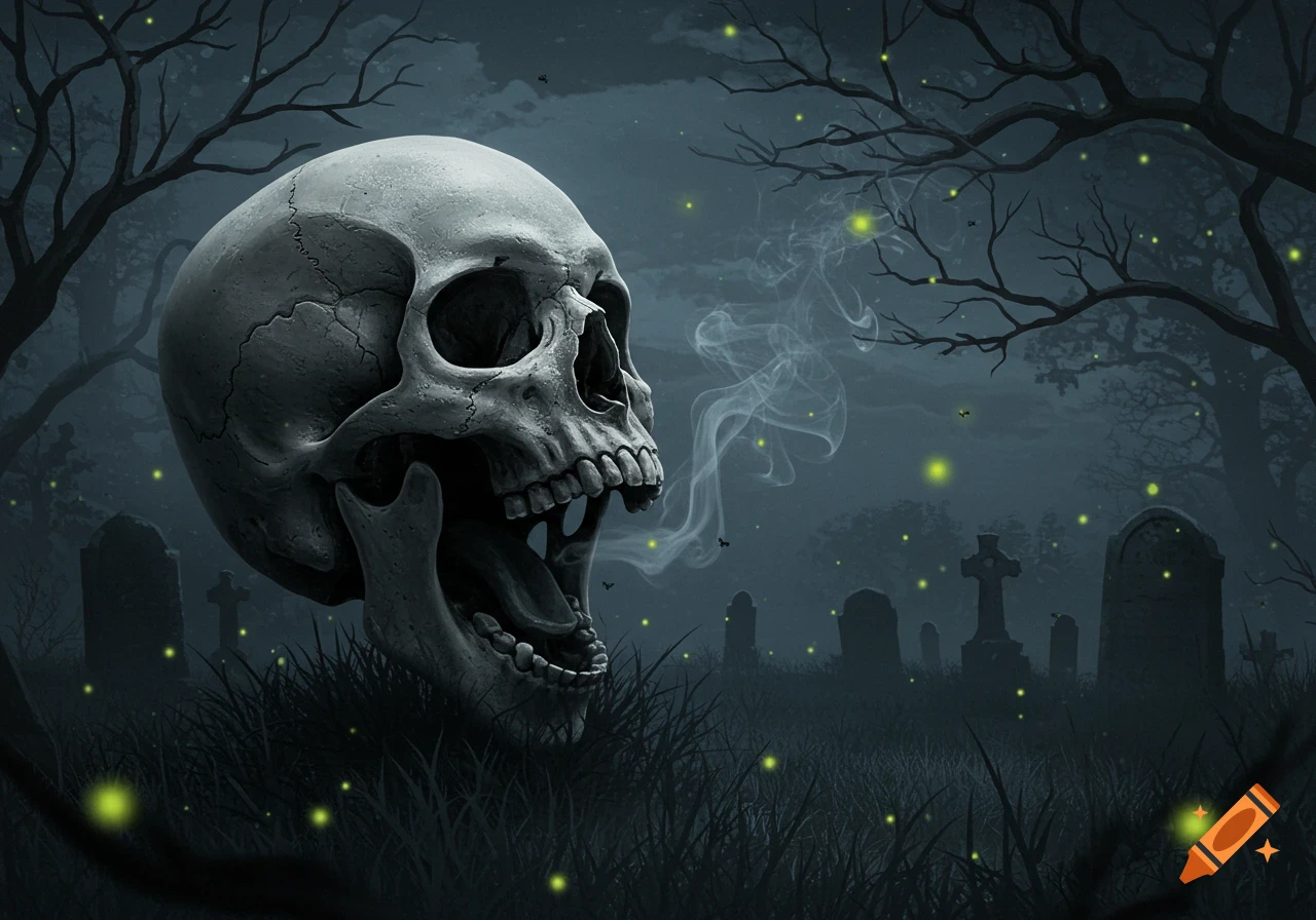 Stylized illustration of a large yawning skull with smoke in a dark, atmospheric graveyard with fireflies and trees.