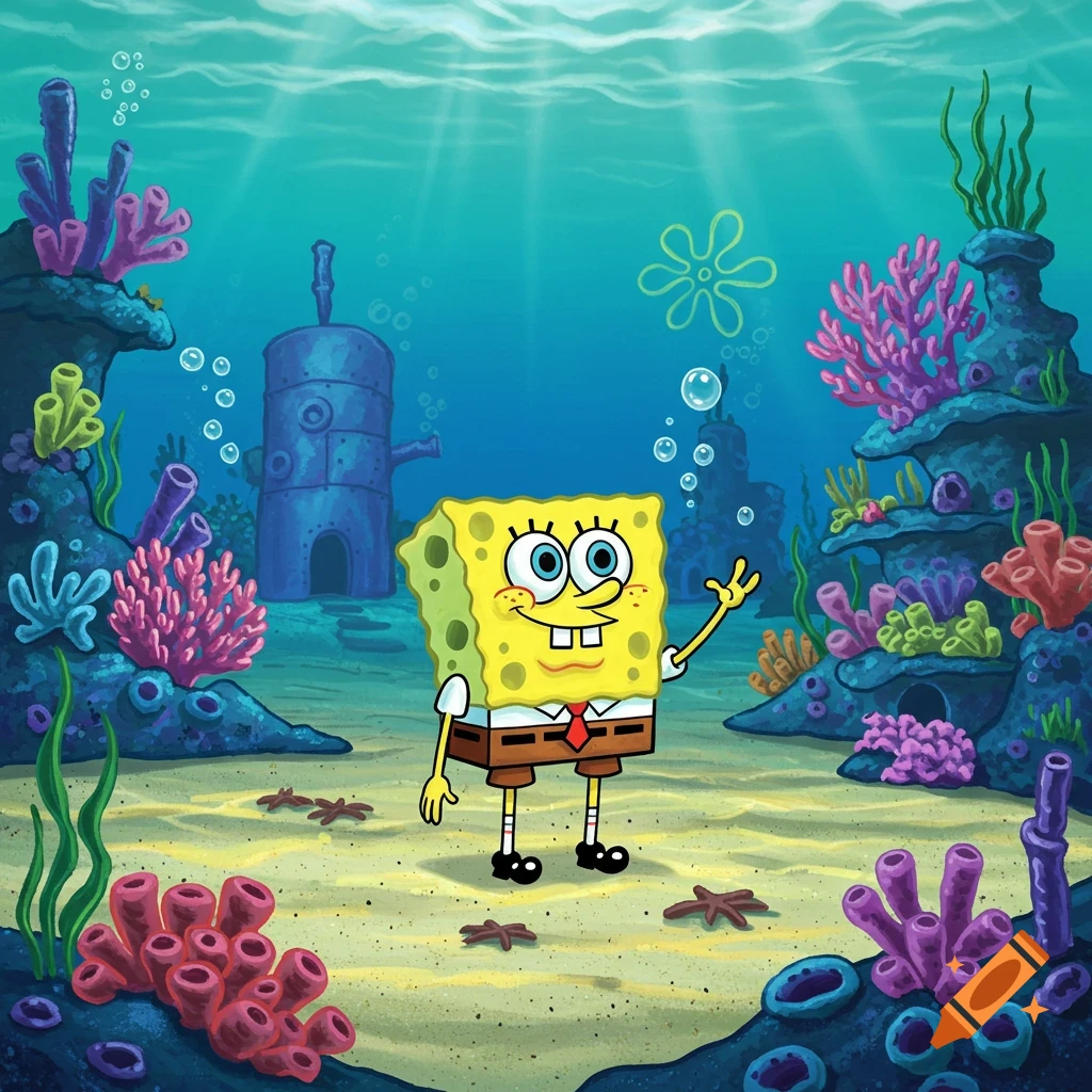 Spongebob Squarepants waves underwater on a sandy seafloor, surrounded by colorful coral, rocks, and a metal building, in a bright cartoon style.