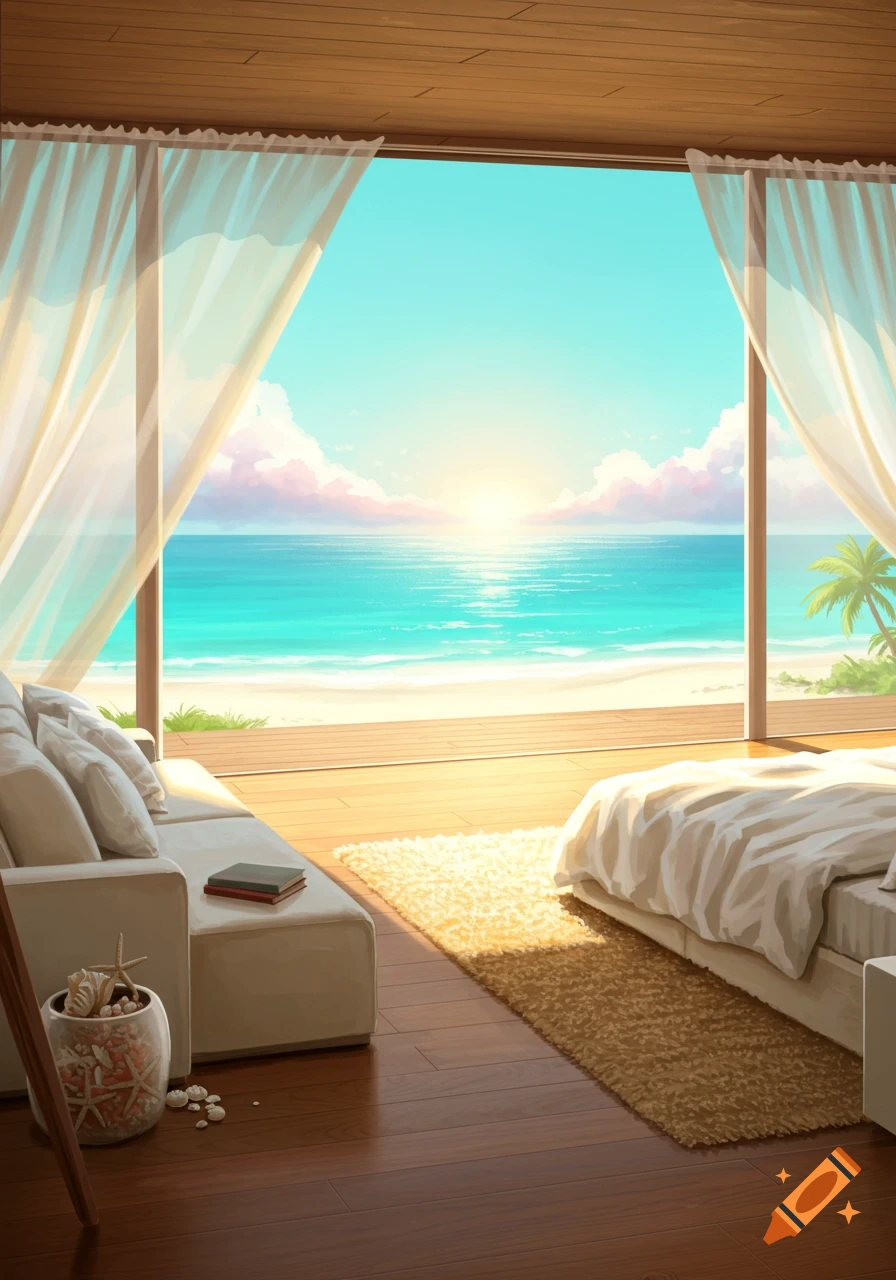 A bright, stylized illustration of a bedroom with a large window overlooking a sunny ocean and sandy beach.
