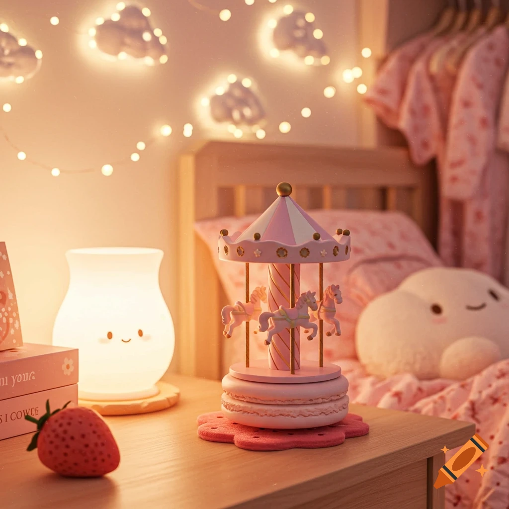 A soft-focus shot of a cozy, pink-themed child's bedroom with a carousel music box and a cute glowing lamp on a wooden nightstand. String lights and a cloud pillow decorate the background.