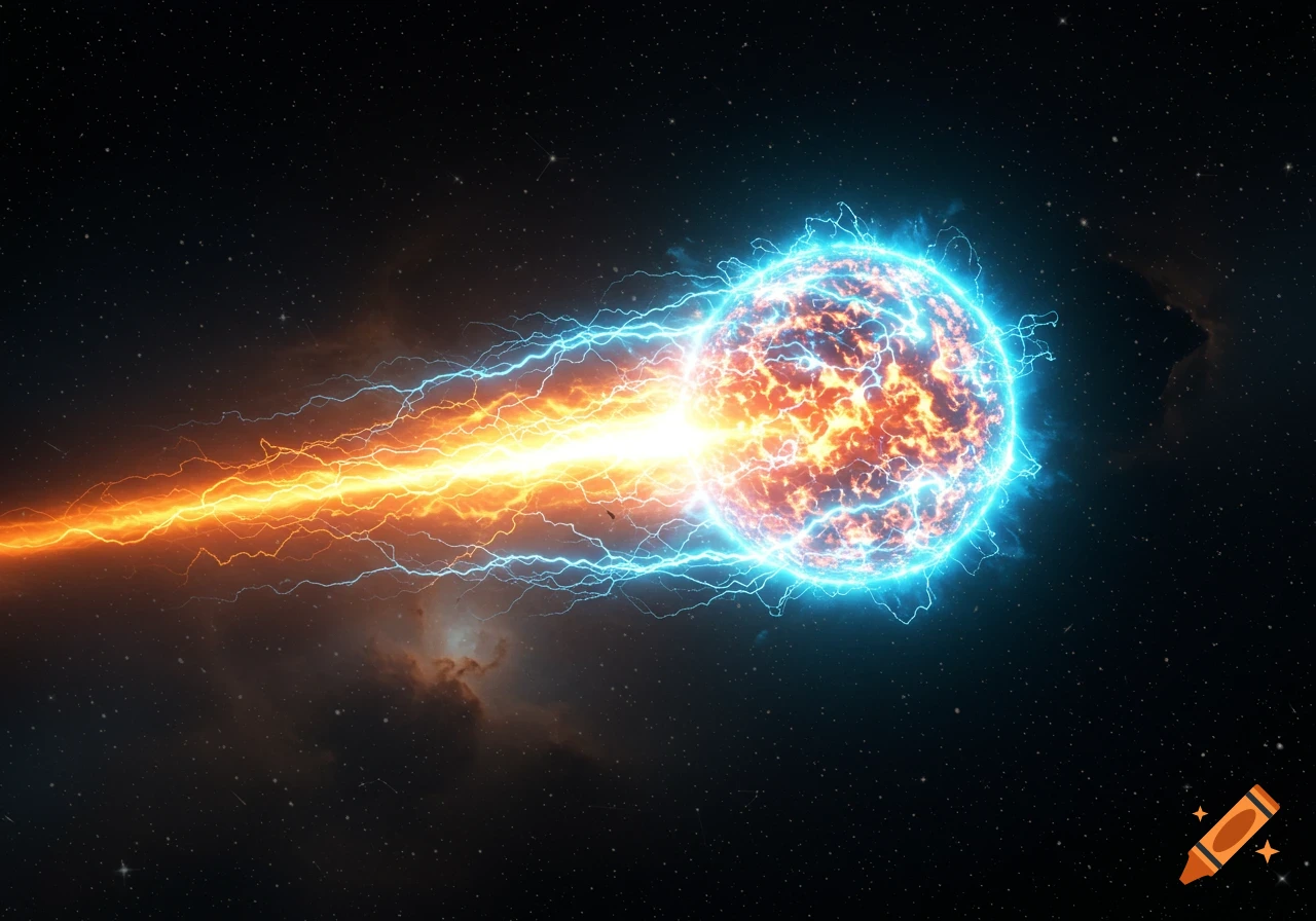 A glowing orange and blue energy ball with lightning trails streaks across a star-filled dark space.